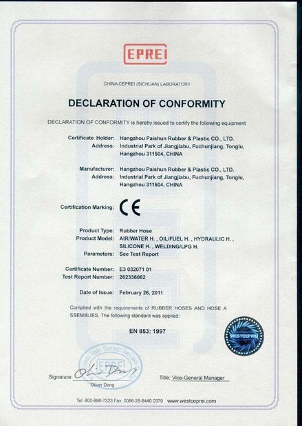 China Hangzhou Paishun Rubber &amp; Plastic Co., Ltd certification
